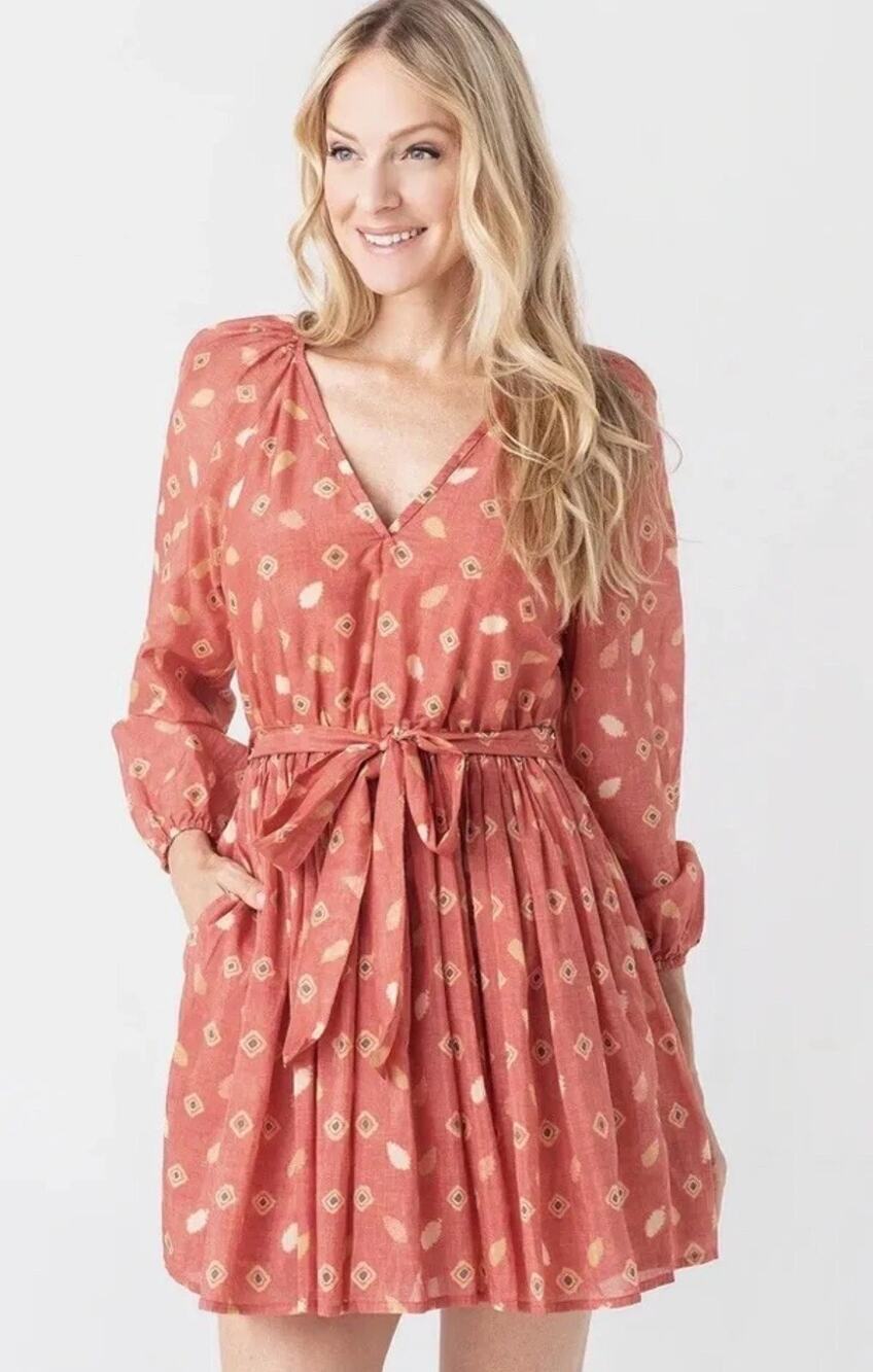 Xirena Symone Blouson Sleeve V-Neck Mini Swingy Dress Foxtail Red Women's Small